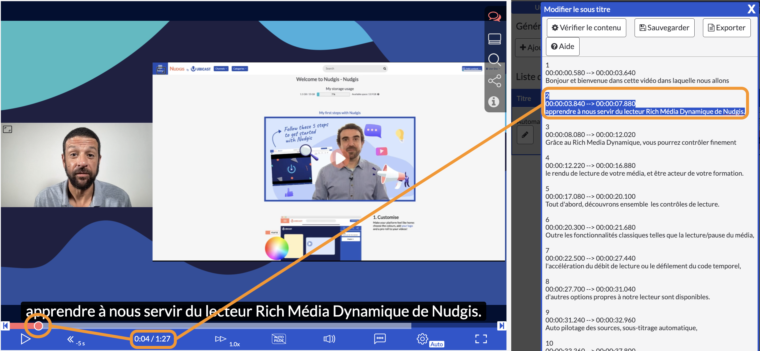 Interface de l'éditeur de sous-titres Nudgis avec timecodes et code couleur